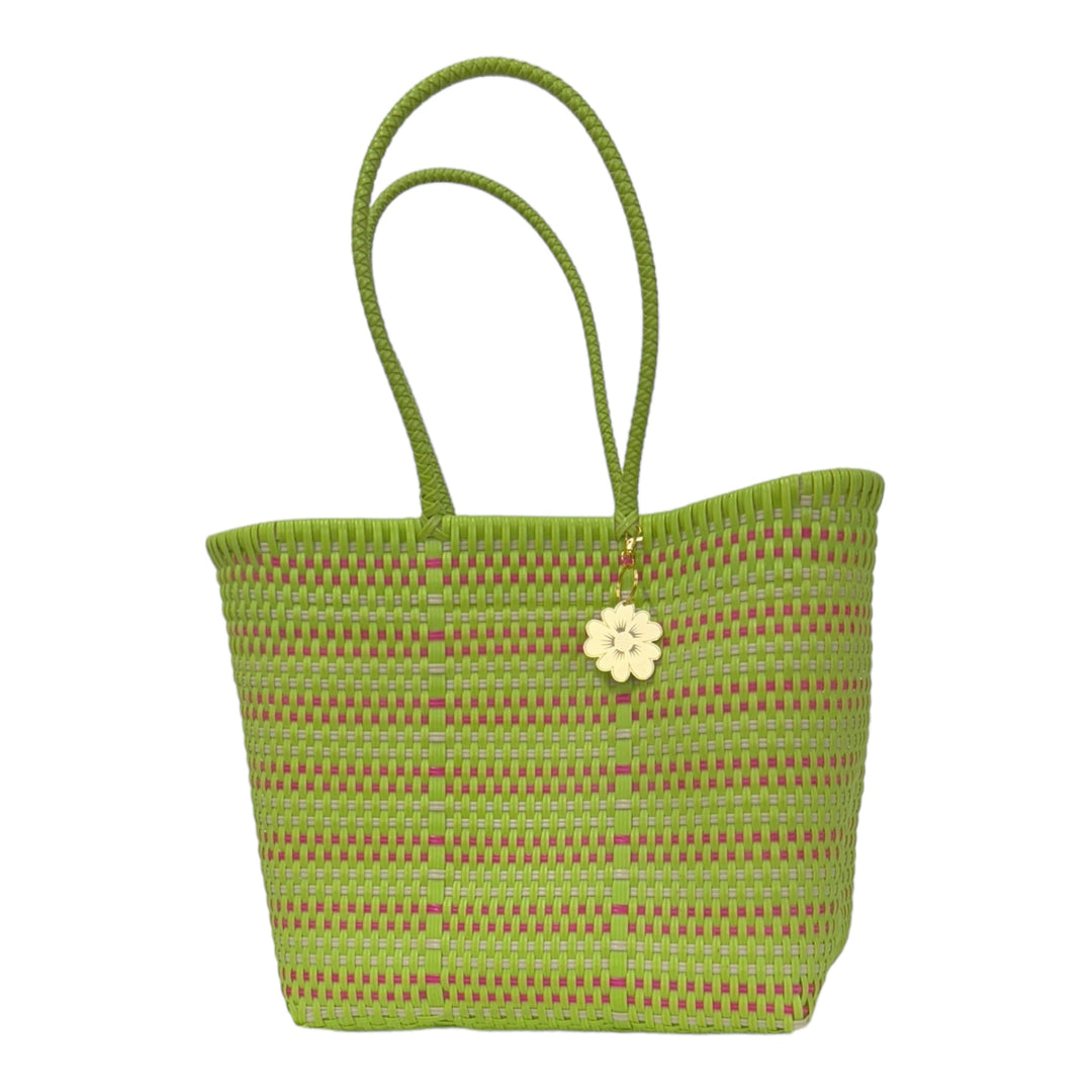 Green Lime, Pink & Beige Medium Tote | Handwoven Recycled Bags | Be Praia