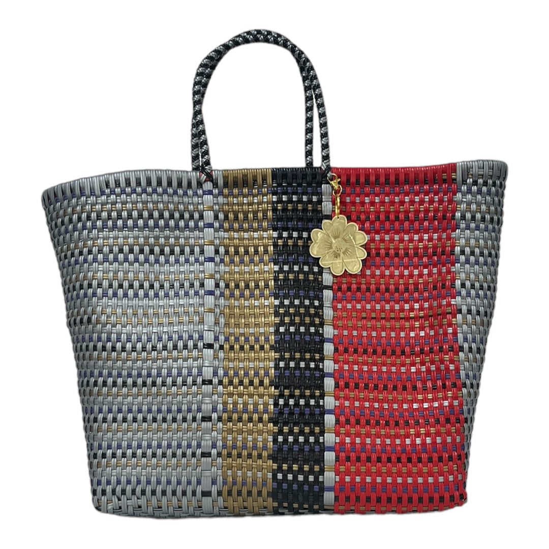 Red, Silver, Gold, Black & Violet details Large Tote | Handwoven Recycled Bag | Be Praia