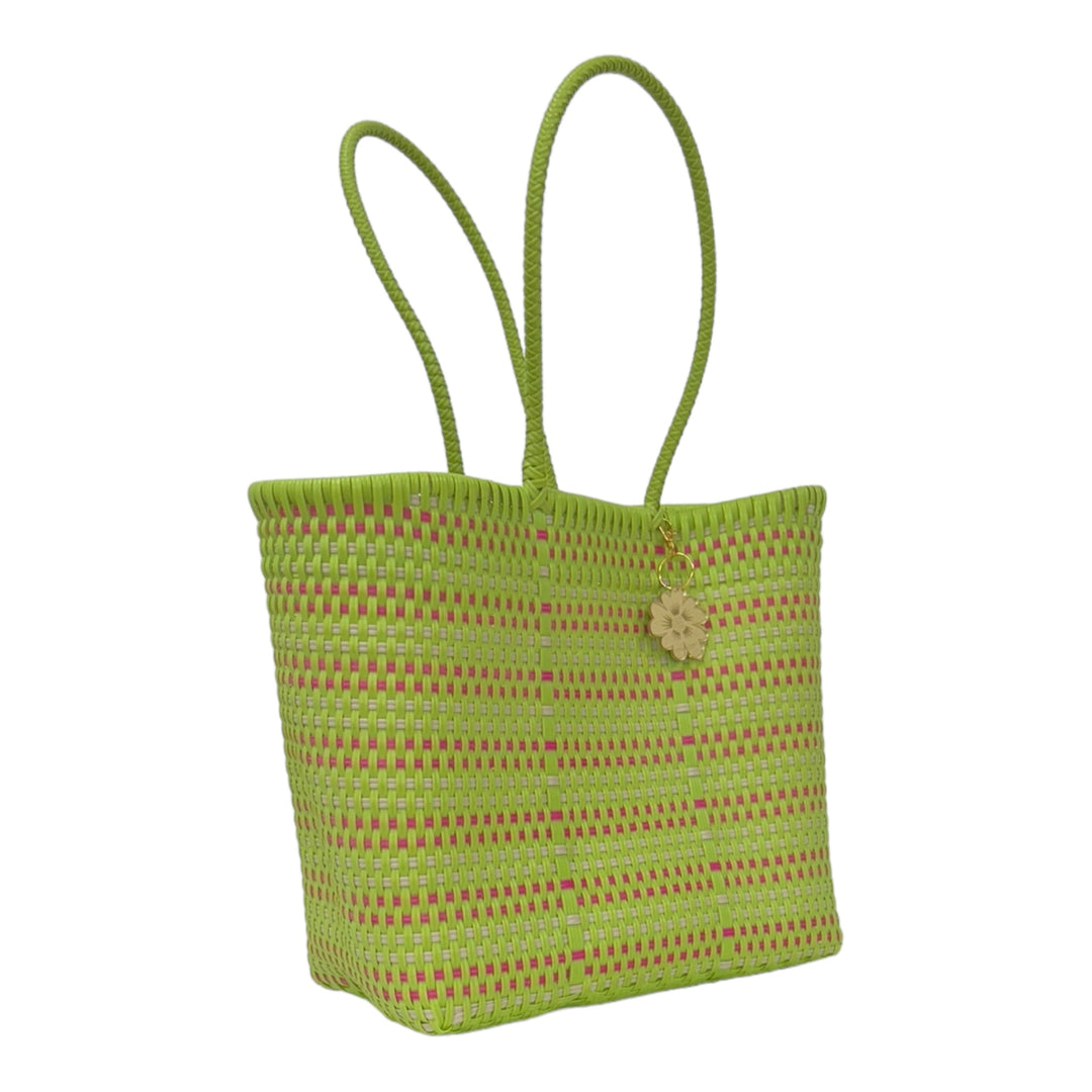 Green Lime, Pink & Beige Medium Tote | Handwoven Recycled Bags | Be Praia