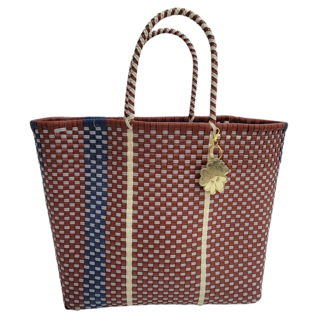 Wine, Blue & Cream details Large Tote | Handwoven Recycled Bag | Be Praia