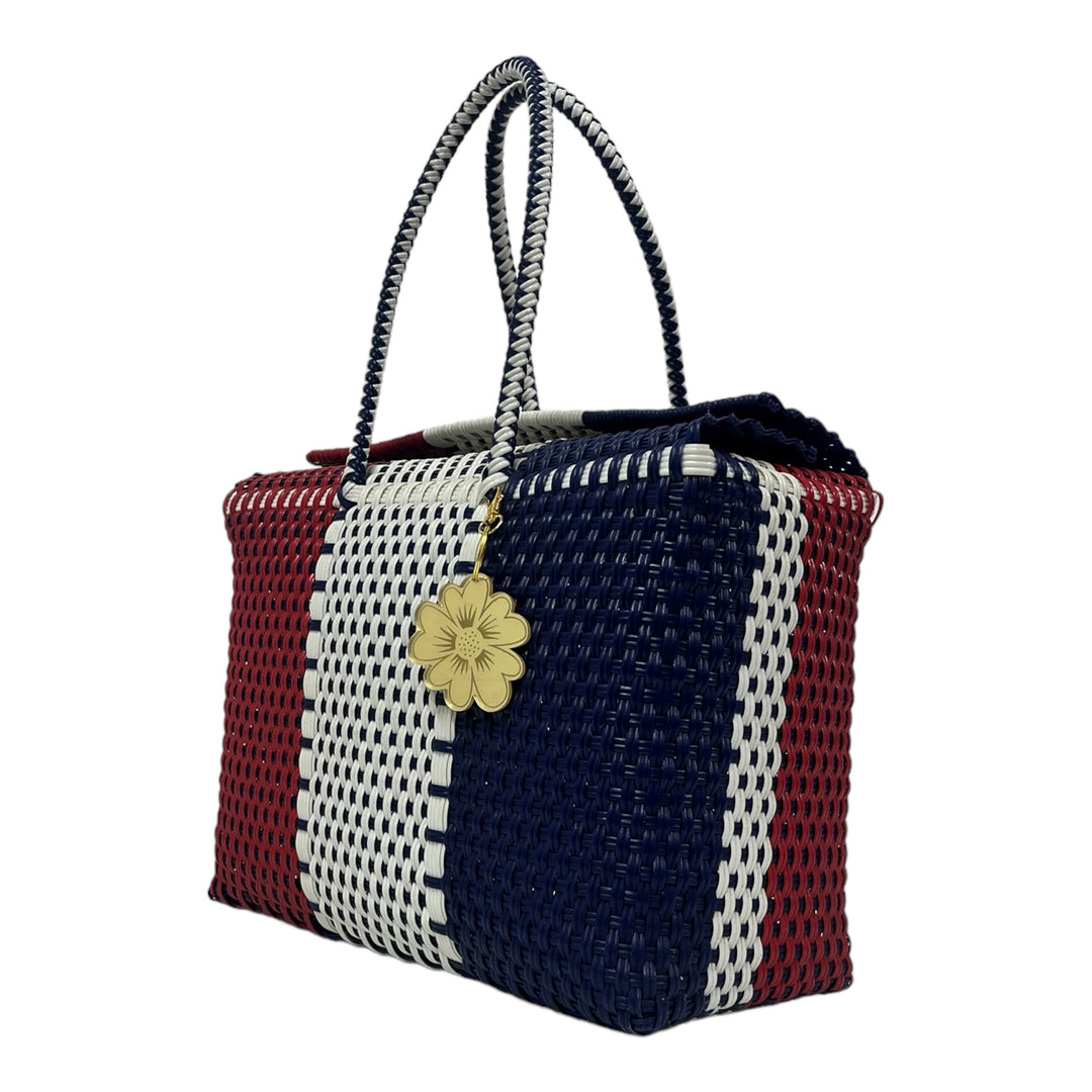 White, Navy Blue & Red Large Basket | Handwoven Recycled Bag | Be Praia