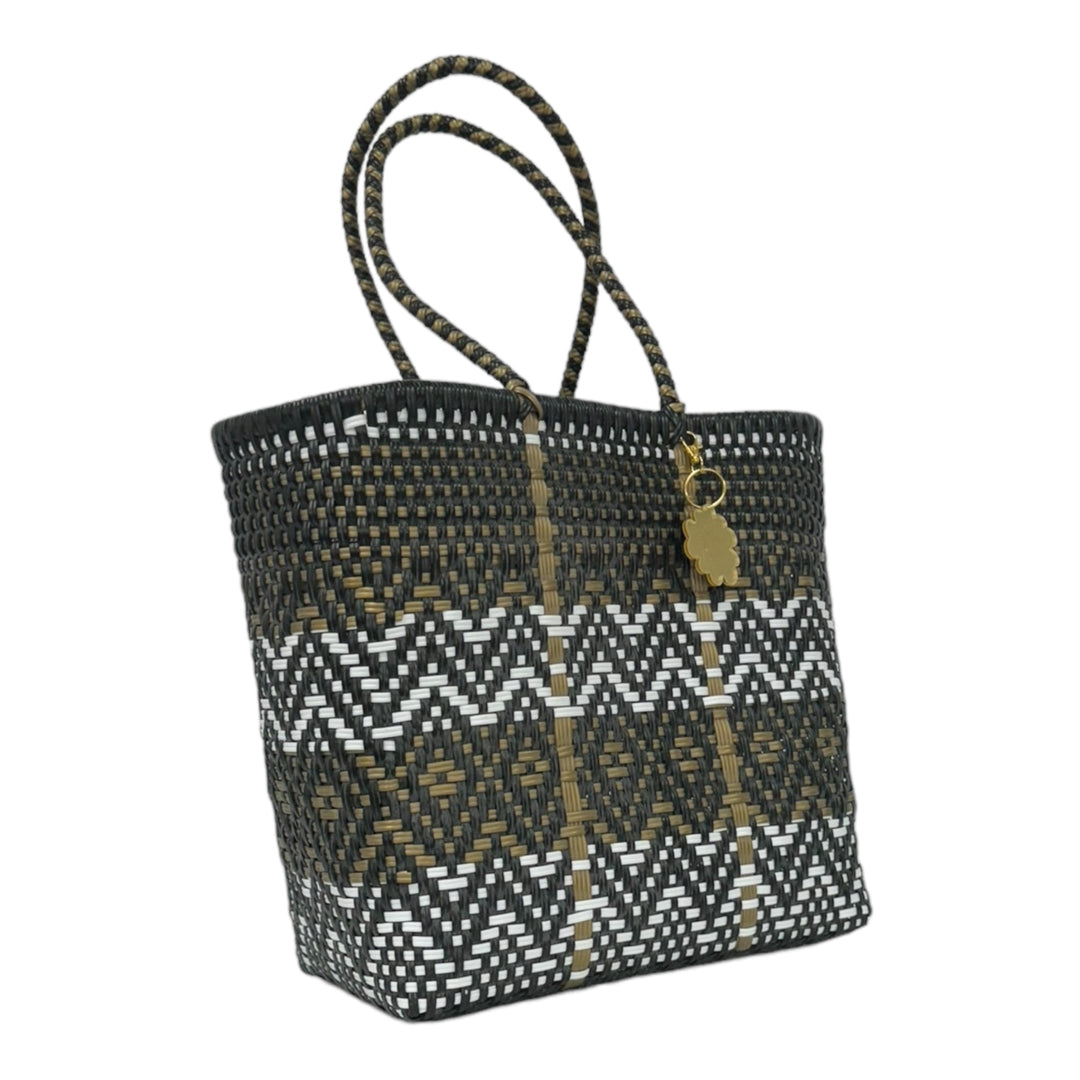 Black, Gold & White Medium Tote | Handwoven Recycled Bags | Be Praia