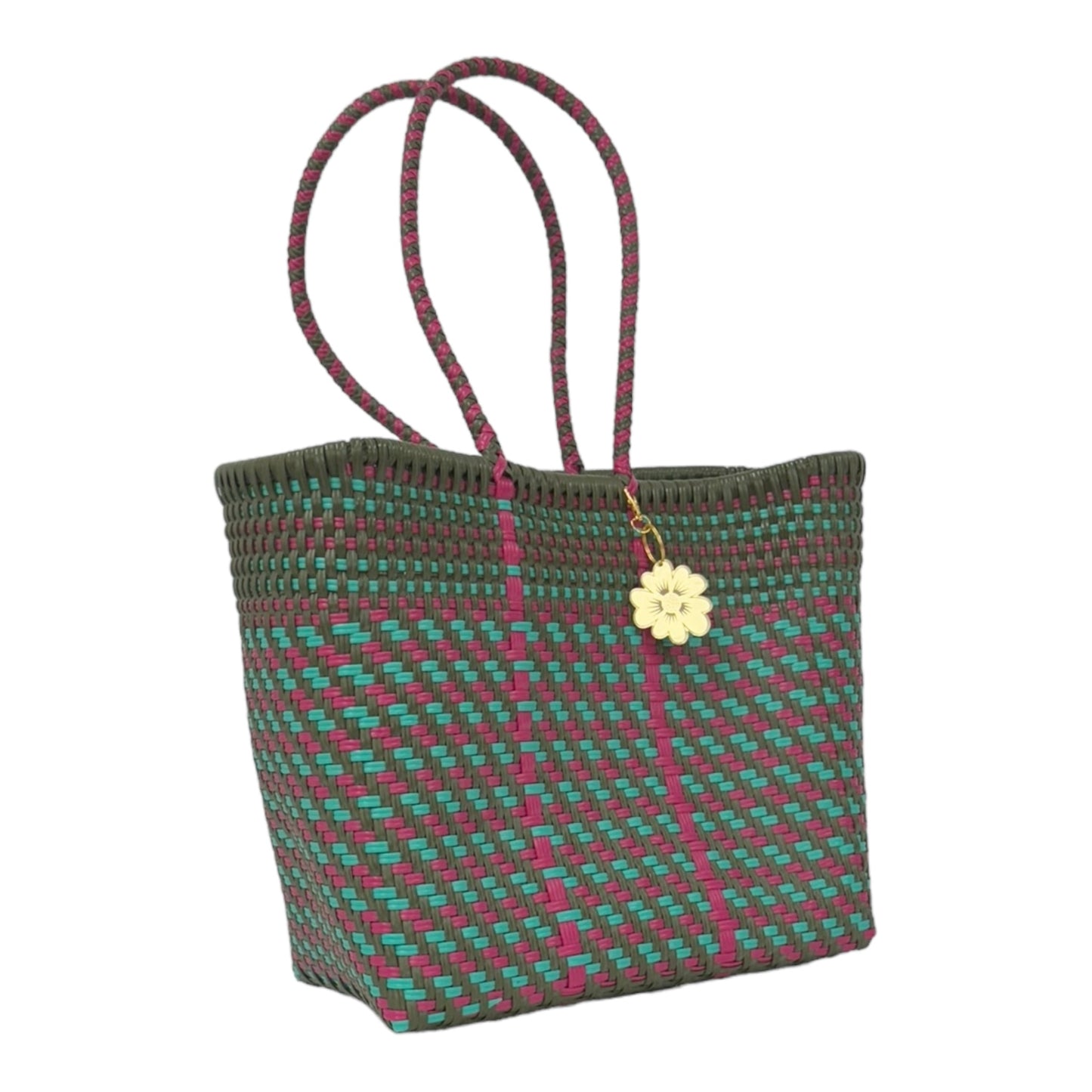 Green Olive, Pink & Turquoise Medium Tote | Handwoven Recycled Bags | Be Praia