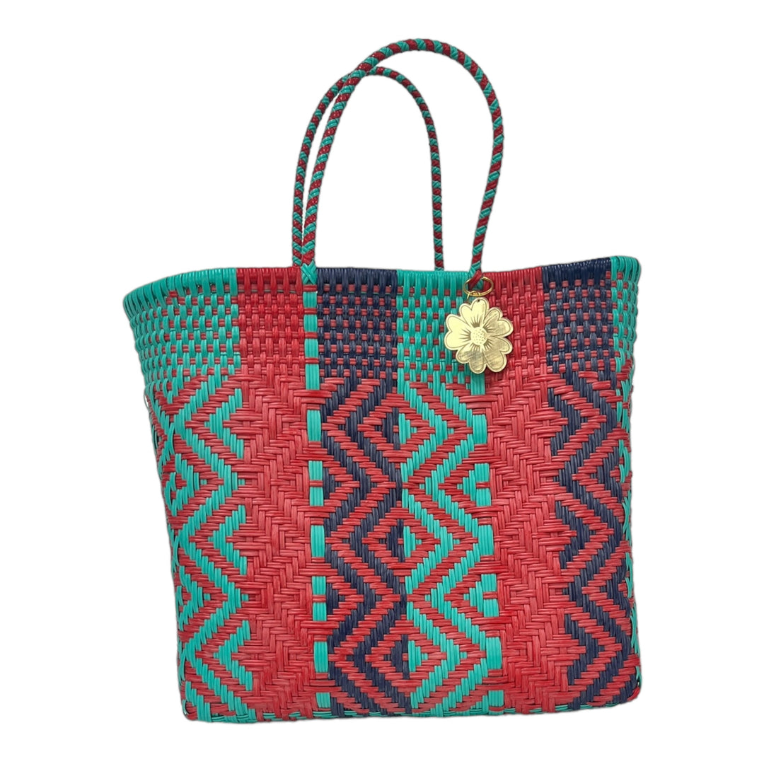 Mint, Navy Blue & Red Large Tote | Handwoven Recycled Bag | Be Praia