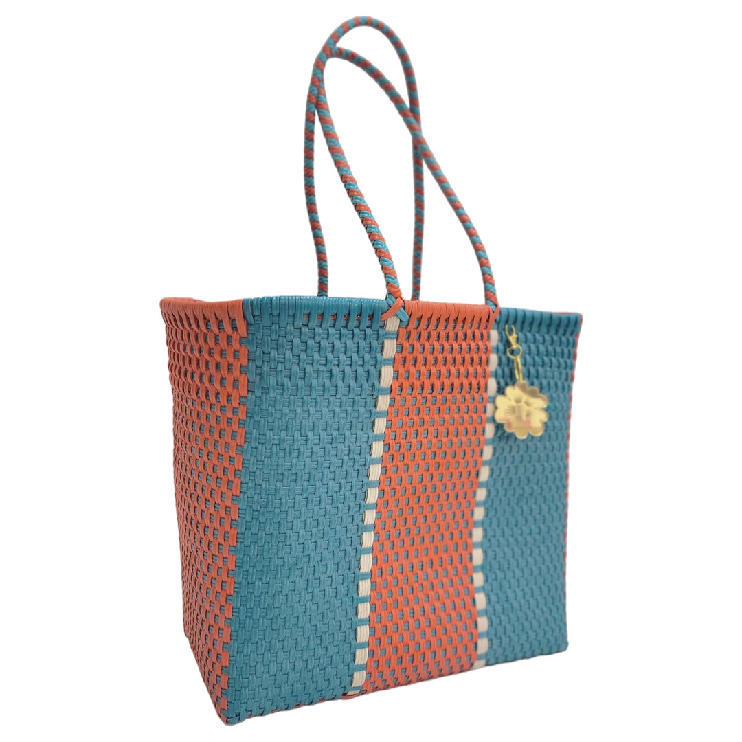 Orange, Turquoise & Cream Details Medium Tote | Handwoven Recycled Bags | Be Praia