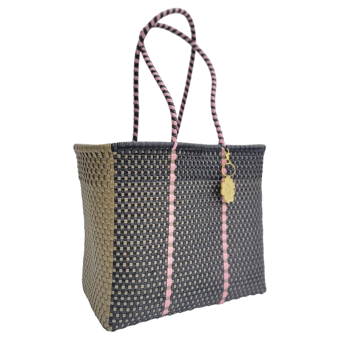 Black, Gold & Pink Details Medium Tote | Handwoven Recycled Bags | Be Praia