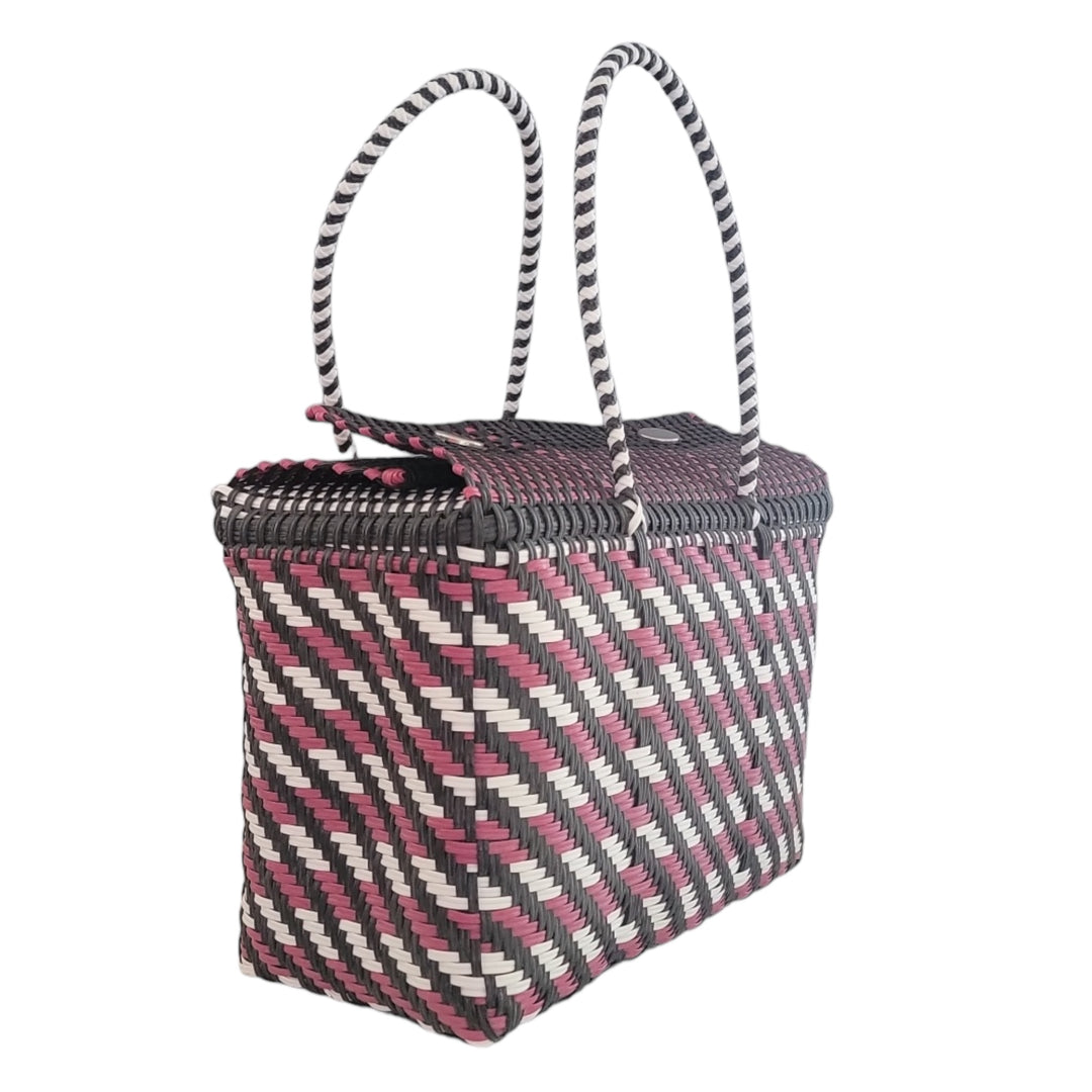 Black, Fushia & White XL Basket | Handwoven Recycled Bag | Be Praia