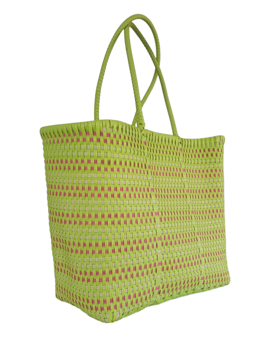 Green Lime, Pink & Beige Medium Tote | Handwoven Recycled Bags | Be Praia