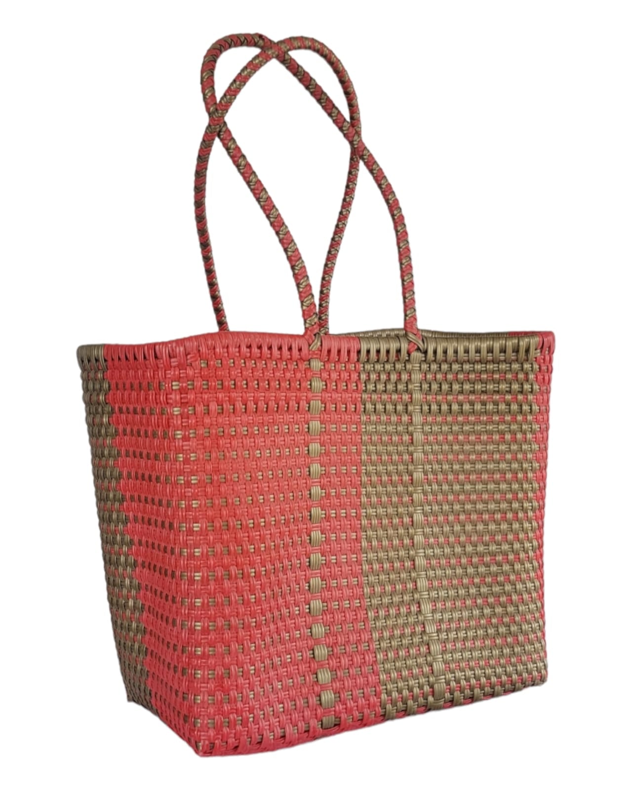 Be Praia | Red & Gold Large Tote | Beach Tote Handwoven Recycle Plastic Bag