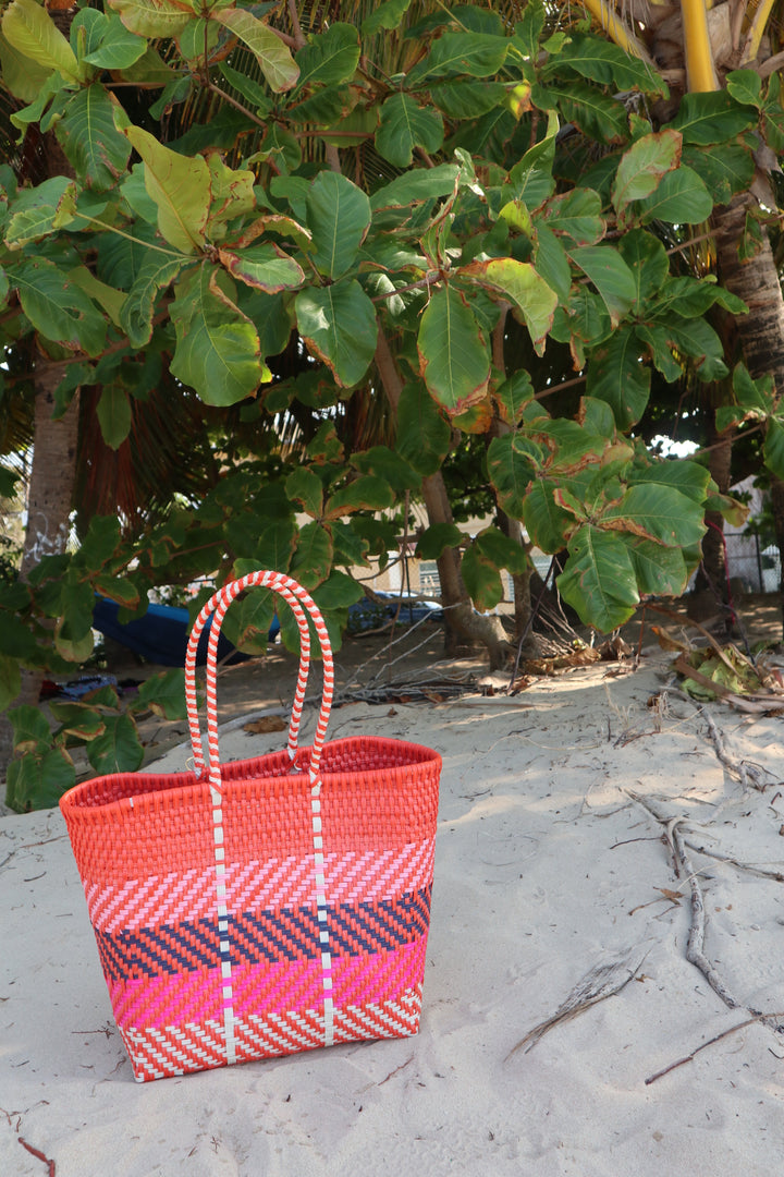 Orange, White, Pink, Fushia and Navy Blue Medium Tote | Handwoven Recycled Bags | Be Praia