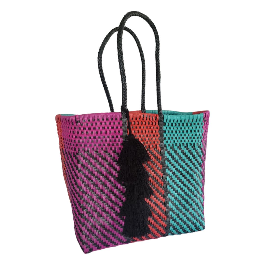 Magenta, Mint, Black & Red Medium Tote | Handwoven Recycled Bags | Be Praia