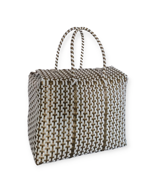 Gold & White Large Basket | Handwoven Recycled Bag