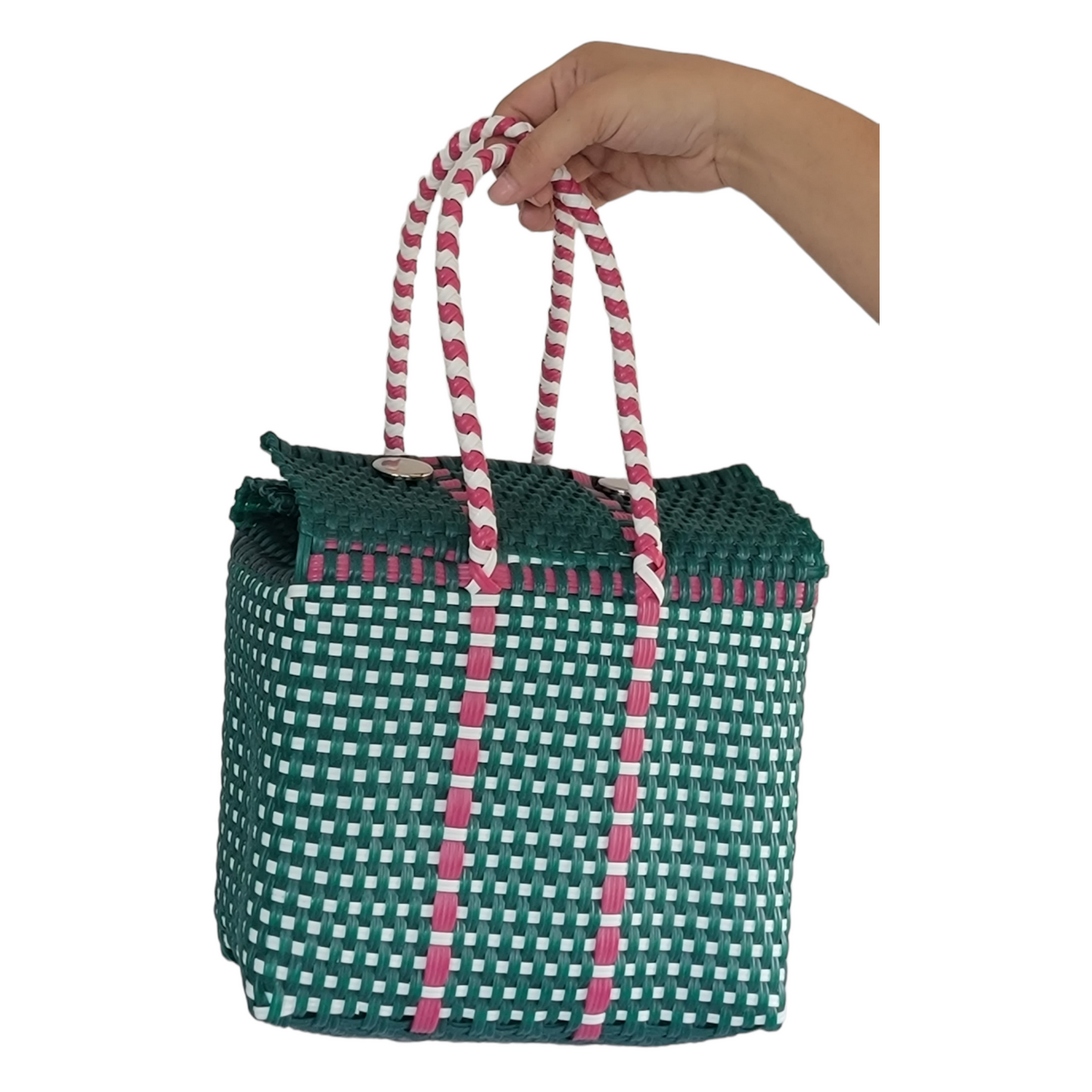 Watermelom Green & Pink Medium Basket | Lunch Basket | Handwoven Recycled Bags
