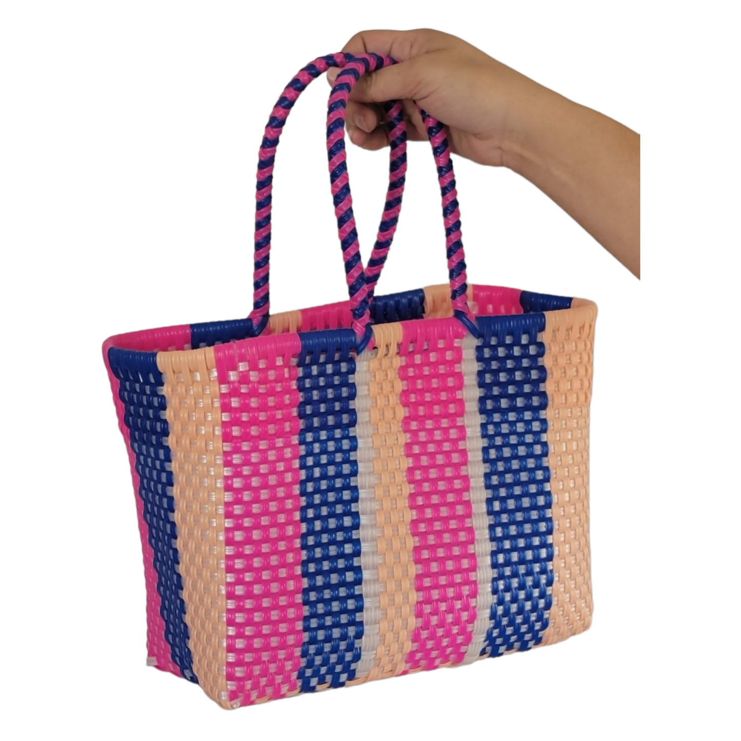 Pink, Blue, Clear & Peach Mini Tote | Handwoven recycled bags
