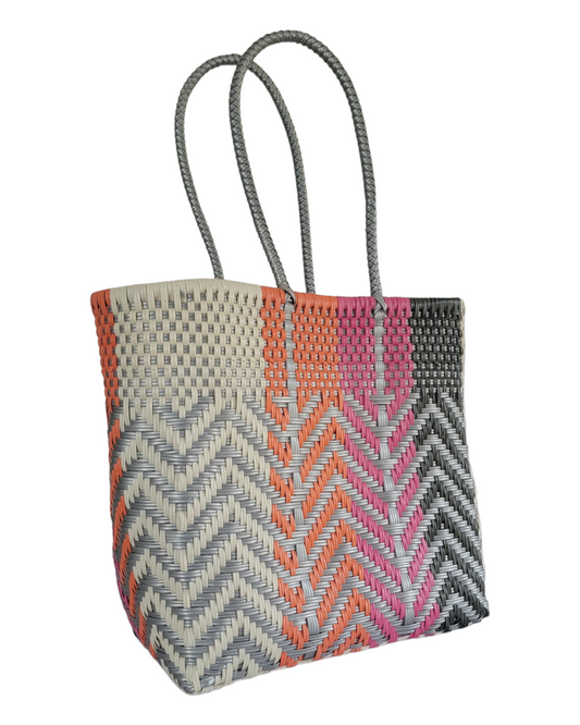 Be Praia Orange, Pink, Silver & Neutrals Large Tote | Beach Tote. Handwoven Recycled Bag