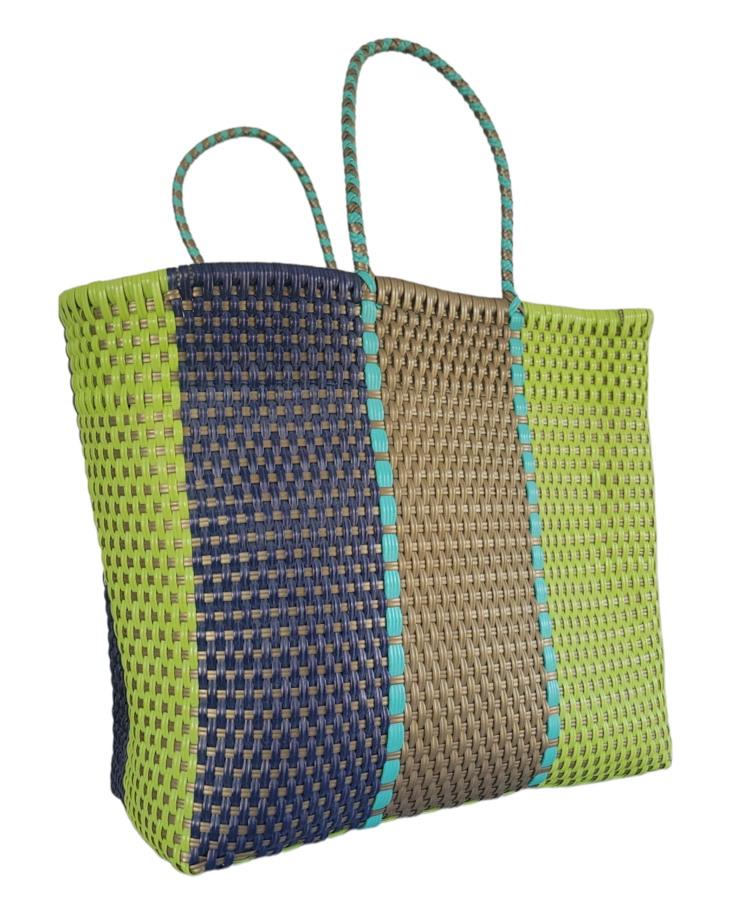 Be Praia Lime, Navy & Gold Large Tote | Beach Tote. Handwoven Recycled Bag