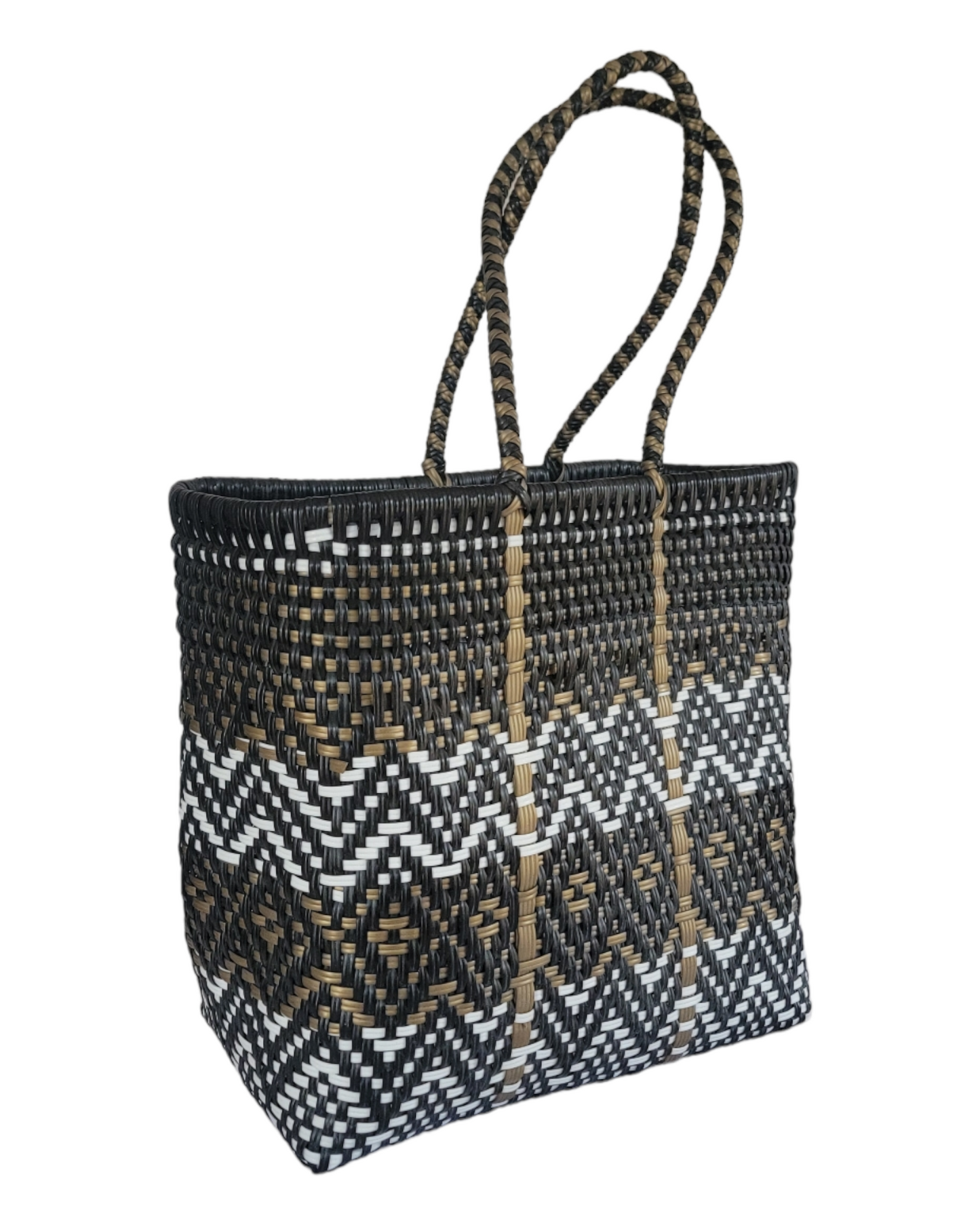 Be Praia | Black, Gold & White Medium Tote | Handwoven Recycled Bags