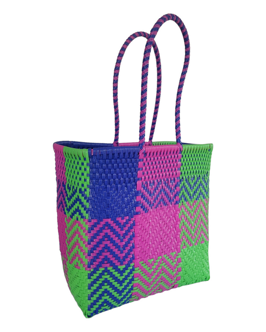 Be Praia | Fushia, Blue and Lime Medium Tote | Handwoven Recycled Bags