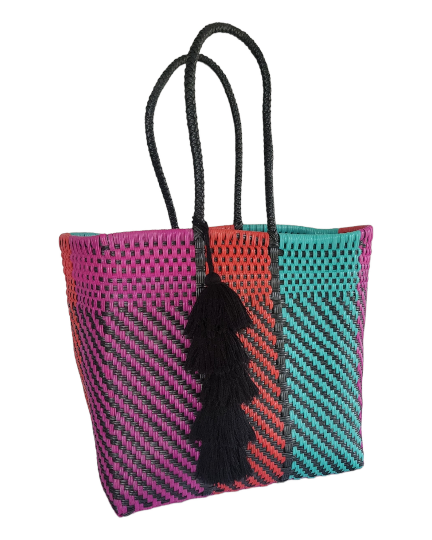 Be Praia | Fushia, Mint, Black & Red Medium Tote | Handwoven Recycled Bags