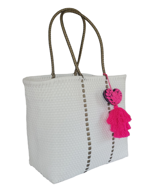 Be Praia | White with Gold Medium Tote | Handwoven Recycled Bags