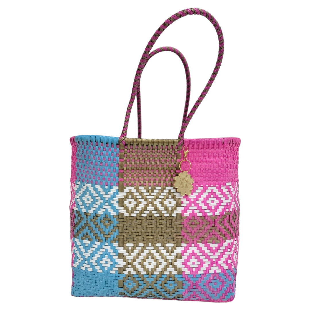 Pink, Light Blue, Gold and White Medium Tote | Handwoven Recycled Bags | Be Praia